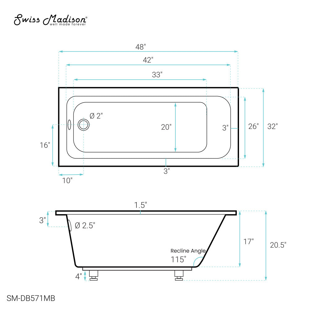 Swiss Madison Voltaire 48" x 32" Reversible Drain Drop-In Bathtub in Matte Black