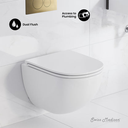 Swiss Madison St. Tropez Wall-Hung Toilet Bundle 0.8/1.6 GPF Dual Flush in Glossy White with Brass Flush Plate