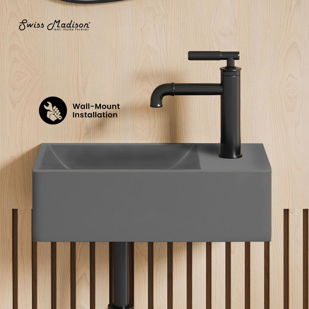 Swiss Madison Lisse 16" Concrete Rectangle Wall-Mounted Sink with Right Side Faucet Mount in Matte Dark Gray