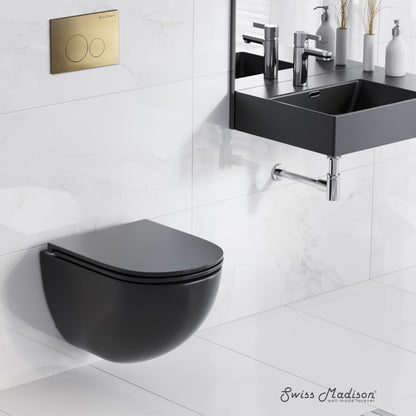 Swiss Madison St. Tropez Wall-Hung Toilet Bundle 0.8/1.6 GPF Dual Flush in Matte Black with Brass Flush Plate