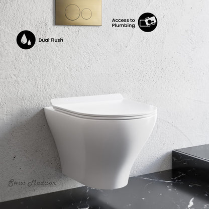 Swiss Madison Monaco Wall-Hung Toilet Bundle 0.8/1.6 GPF Dual Flush in Glossy White with Brass Flush Plate