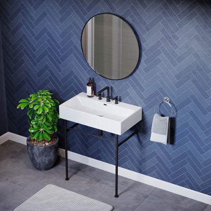 Swiss Madison Claire 30" Console Sink White Basin Black Legs with 8" Widespread Holes