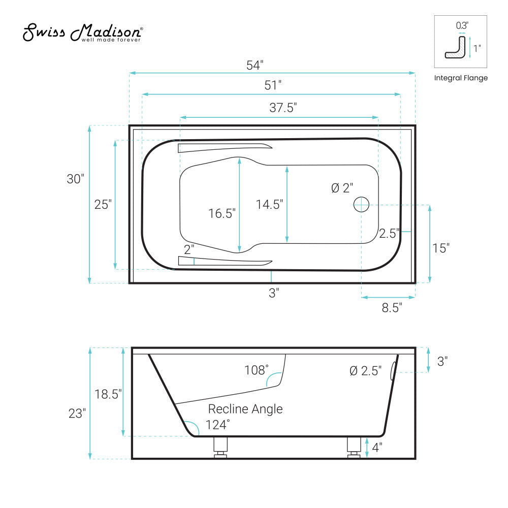 Swiss Madison Voltaire 54 x 30 Skirted Right Drain Soaking Apron Bathtub in Glossy Black with Integrated Armrest