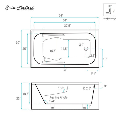Swiss Madison Voltaire 54 x 30 Skirted Right Drain Soaking Apron Bathtub in Glossy Black with Integrated Armrest