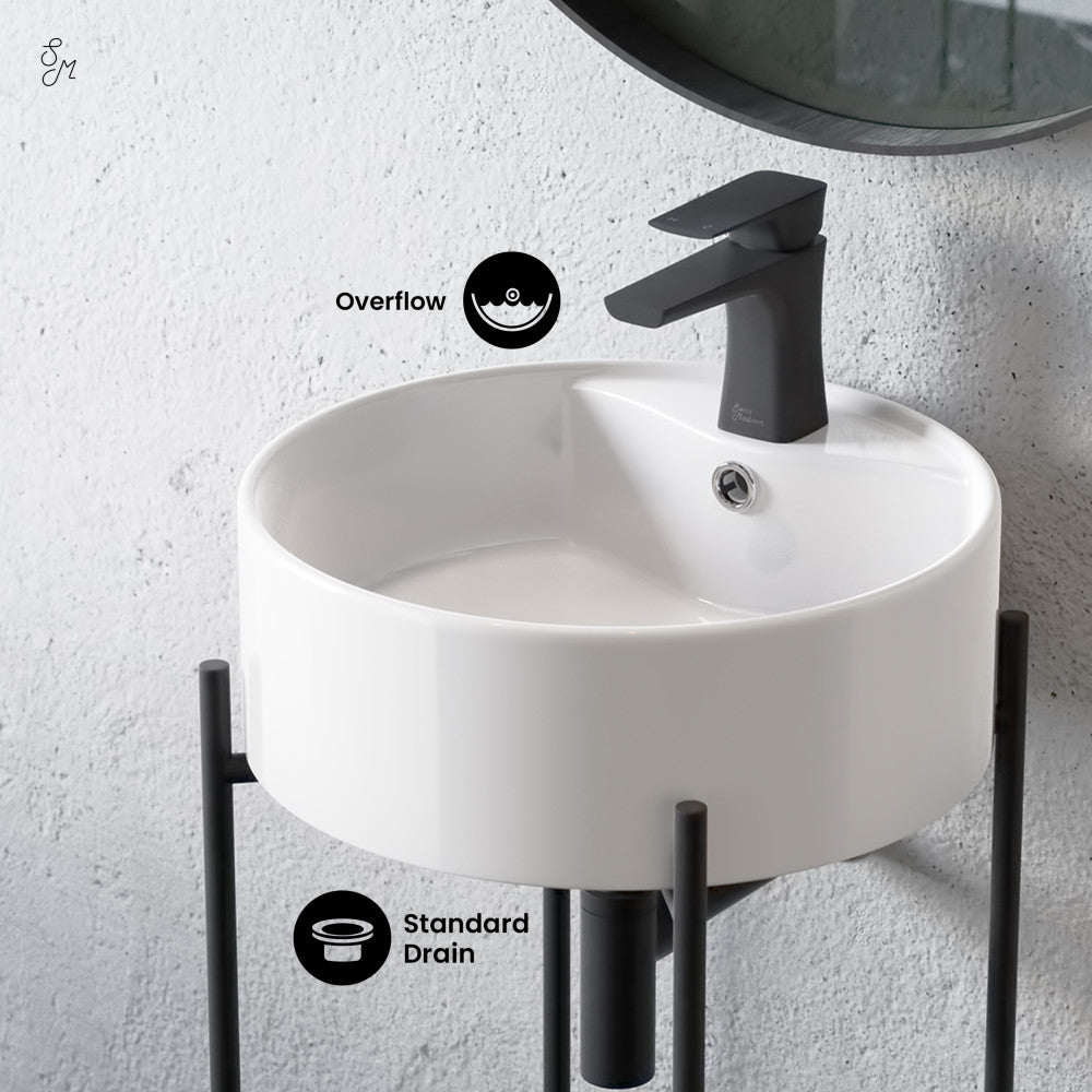 Swiss Madison Monaco 16" Round Console Sink with Faucet Mount, White Basin Matte Black Legs