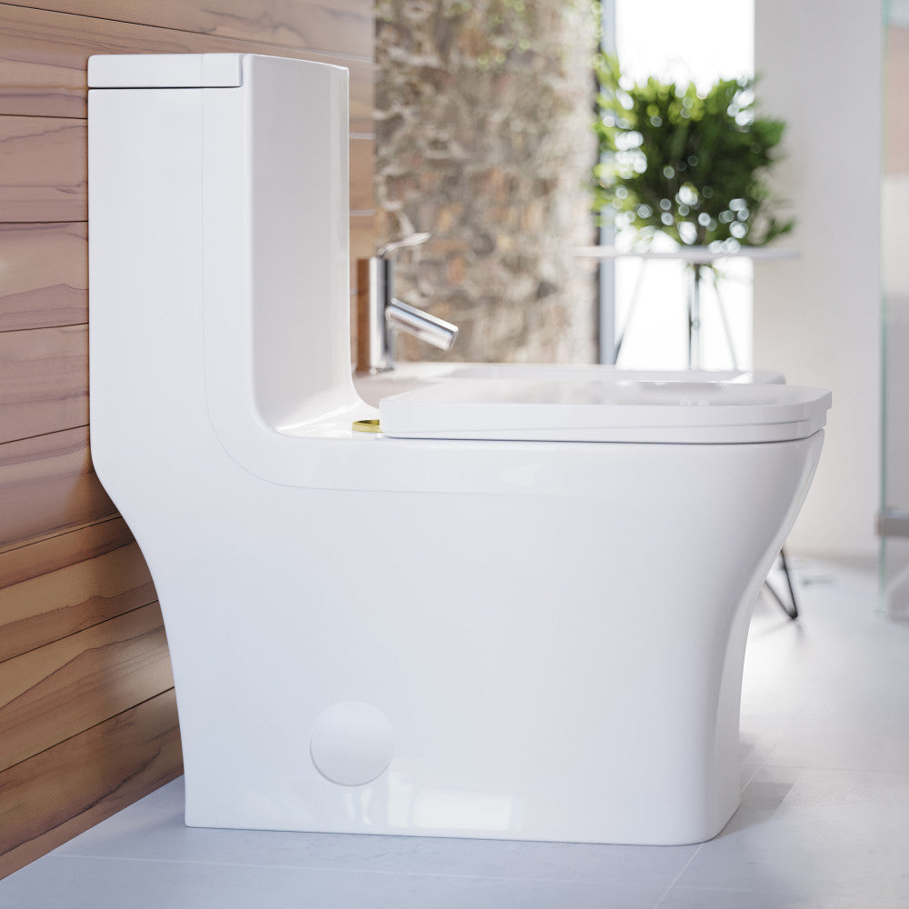 Swiss Madison Concorde One Piece Square Toilet Dual Flush, Brushed Gold Hardware 1.1/1.6 gpf
