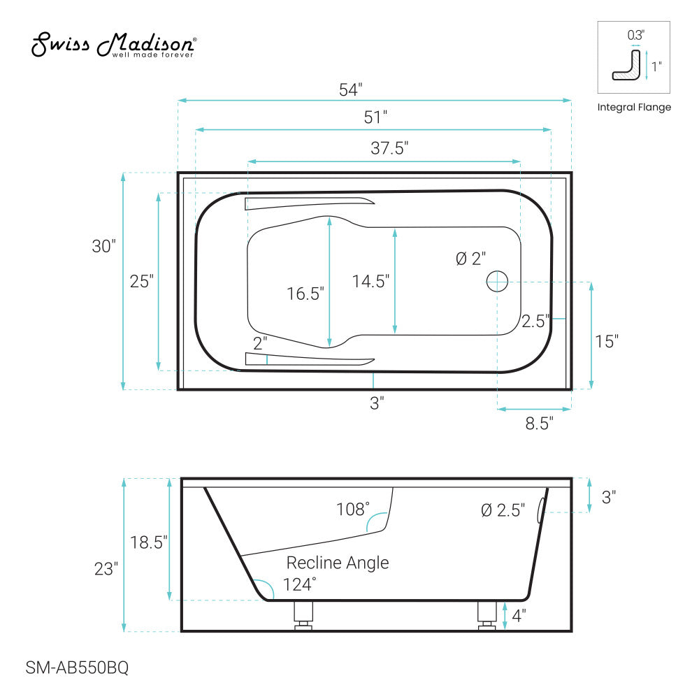 Swiss Madison Voltaire 54" x 30" Right-Hand Drain Alcove Bathtub with Apron in Bisque