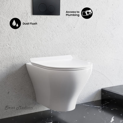 Swiss Madison Monaco Wall-Hung Toilet Bundle 0.8/1.6 GPF Dual Flush in Glossy White with Black Flush Plate