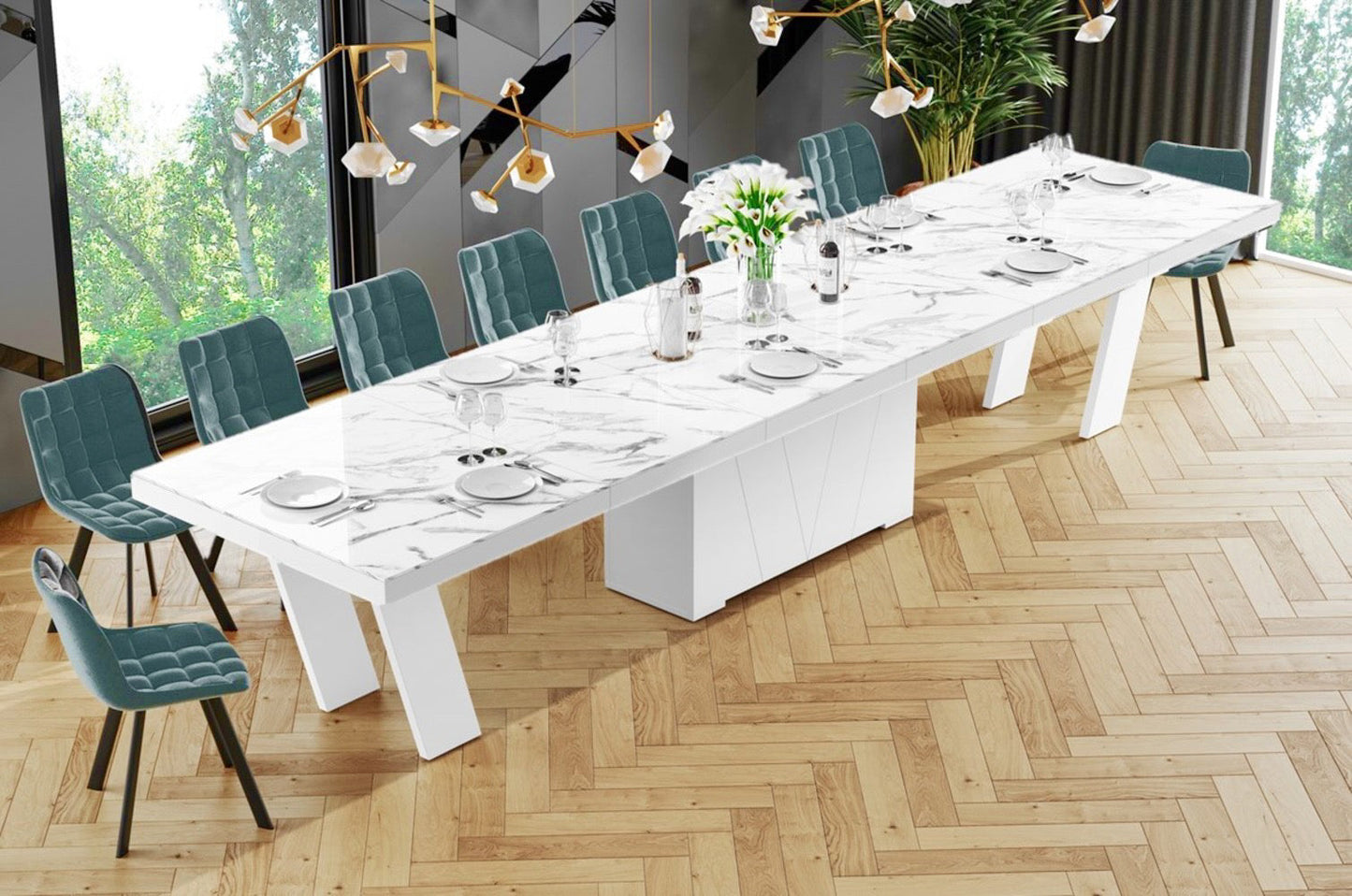 Maxima House Dining Set ALETA 11 pcs. modern glossy marble/ white Dining Table with 10 chairs