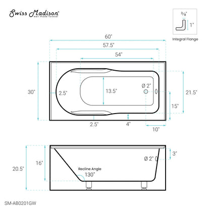 Swiss Madison Concorde 60" x 30" Right-Hand Drain Alcove Bathtub with Apron and Armrest