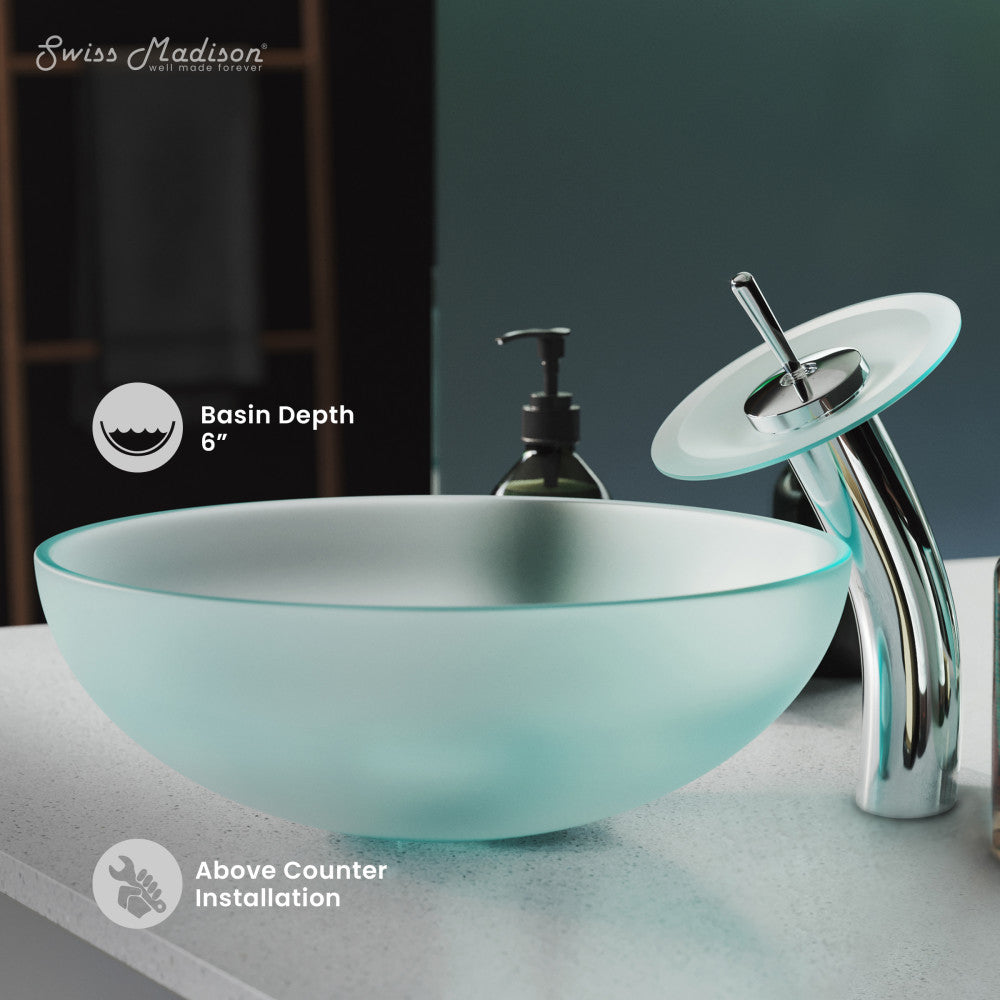 Swiss Madison Cascade 16.5 Color Glass Vessel Sink with Faucet, Frost