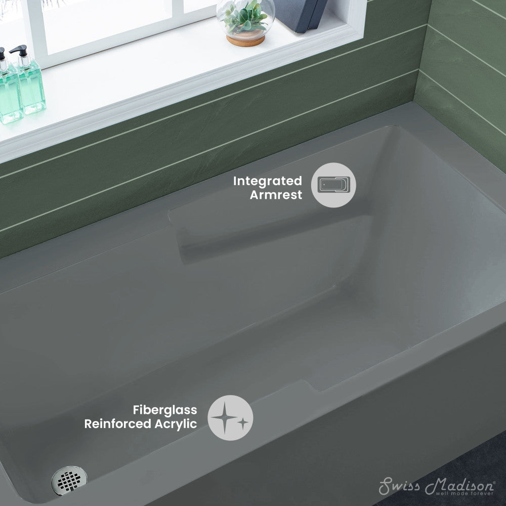 Swiss Madison Voltaire 60" x 32" Left-Hand Drain Alcove Bathtub with Apron and Armrest in Matte Grey