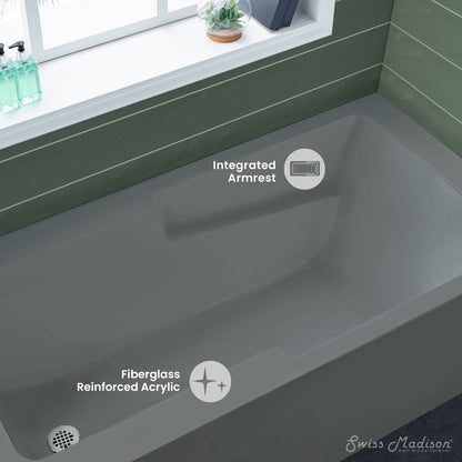 Swiss Madison Voltaire 60" x 32" Left-Hand Drain Alcove Bathtub with Apron and Armrest in Matte Grey