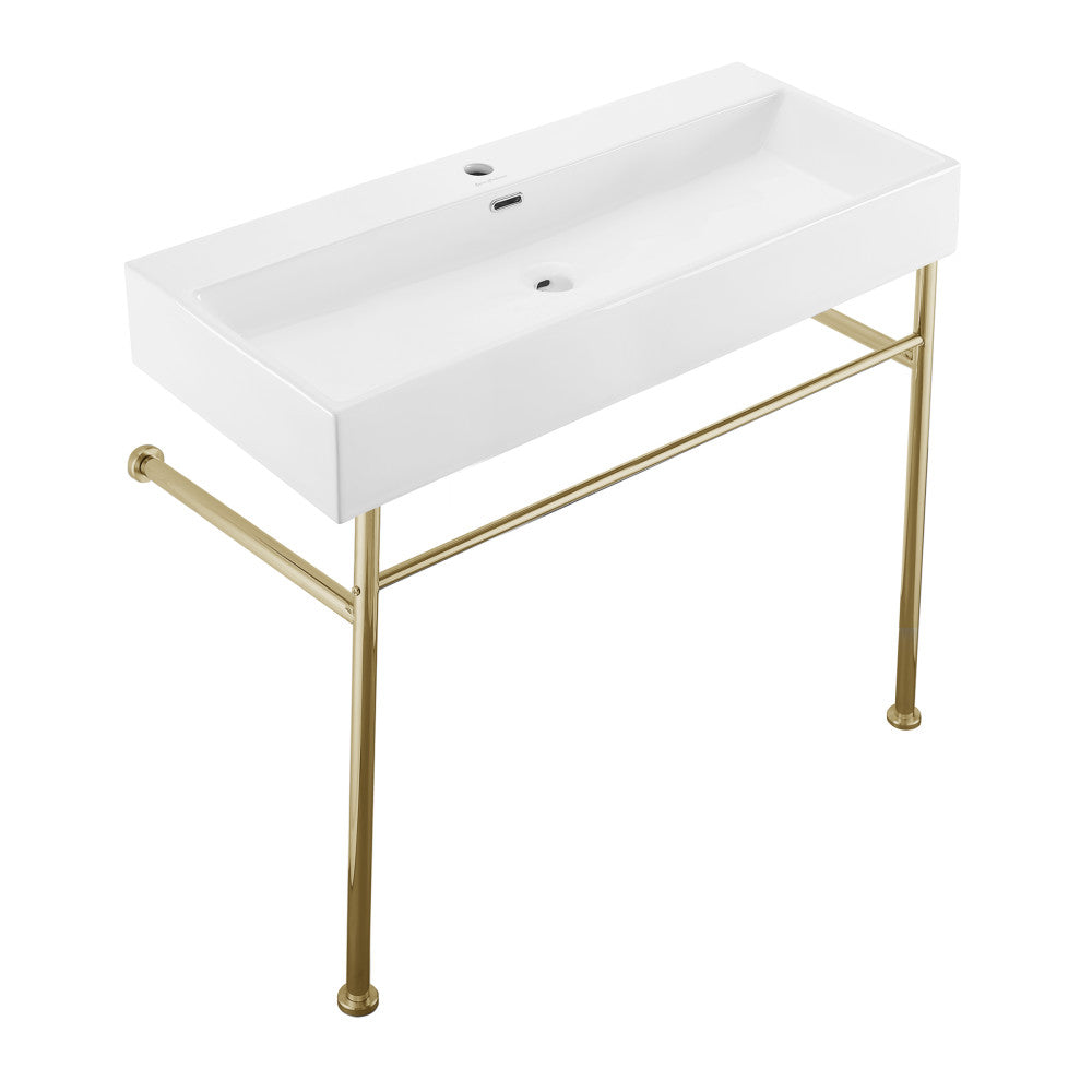 Swiss Madison Claire 40 Ceramic Console Sink White Basin Gold Legs