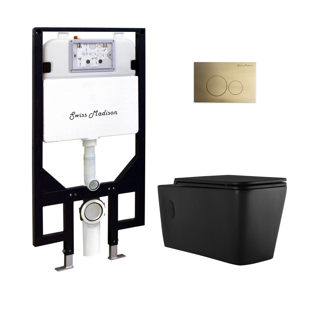 Swiss Madison Concorde Wall-Hung Toilet Bundle 0.8/1.6 GPF Dual Flush in Matte Black with Brass Flush Plate