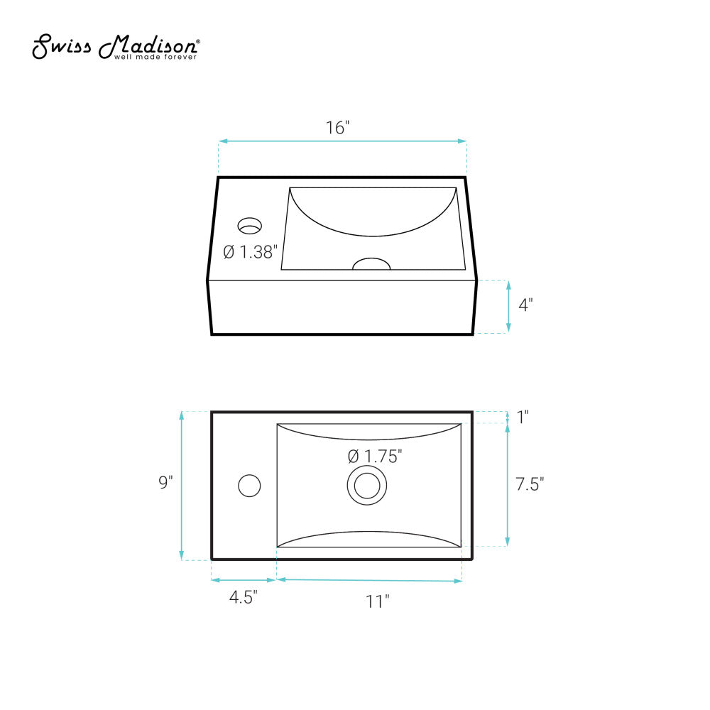 Swiss Madison Lisse 16" Concrete Rectangle Wall-Mounted Sink with Left Side Faucet Mount in Matte Dark Gray