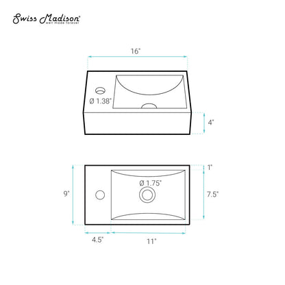Swiss Madison Lisse 16" Concrete Rectangle Wall-Mounted Sink with Left Side Faucet Mount in Matte Dark Gray