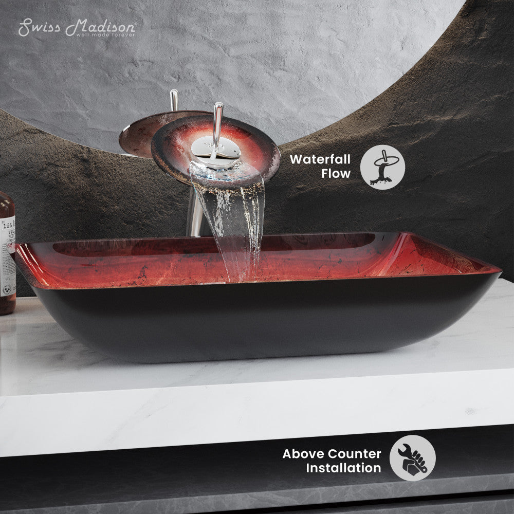 Swiss Madison Cascade Rectangular Glass Vessel Sink with Faucet, Ember Red