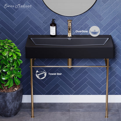 Swiss Madison Claire 40 Ceramic Console Sink Matte Black Basin Gold Legs