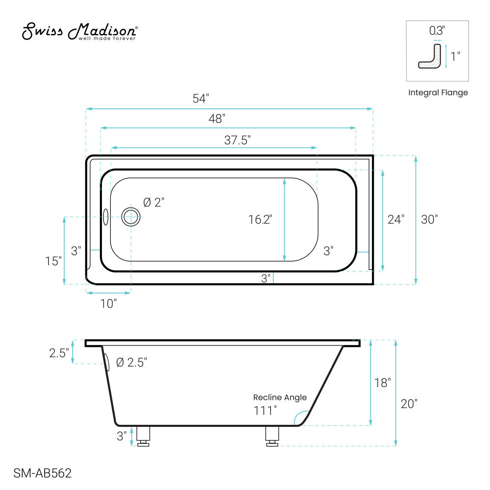 Swiss Madison Voltaire 54 x 30 Left Drain Soaking Alcove Bathtub in Glossy White