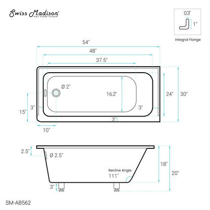 Swiss Madison Voltaire 54 x 30 Left Drain Soaking Alcove Bathtub in Glossy White
