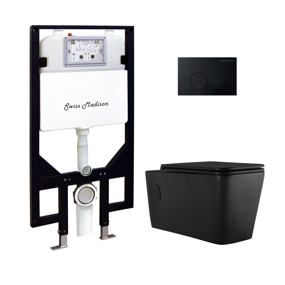 Swiss Madison Concorde Wall-Hung Toilet Bundle 0.8/1.6 GPF Dual Flush in Matte Black with Black Flush Plate