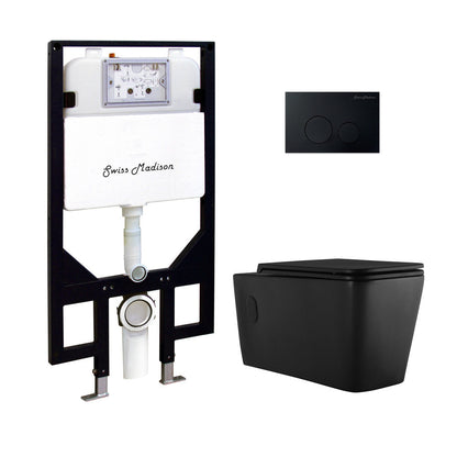 Swiss Madison Concorde Wall-Hung Toilet Bundle 0.8/1.6 GPF Dual Flush in Matte Black with Black Flush Plate