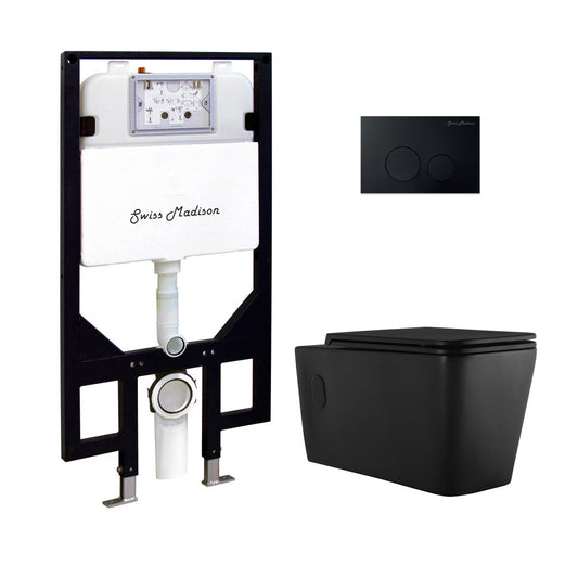Swiss Madison Concorde Wall-Hung Toilet Bundle 0.8/1.6 GPF Dual Flush in Matte Black with Black Flush Plate