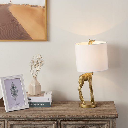 17" Gold Textured Giraffe Table Lamp With White Drum Shade