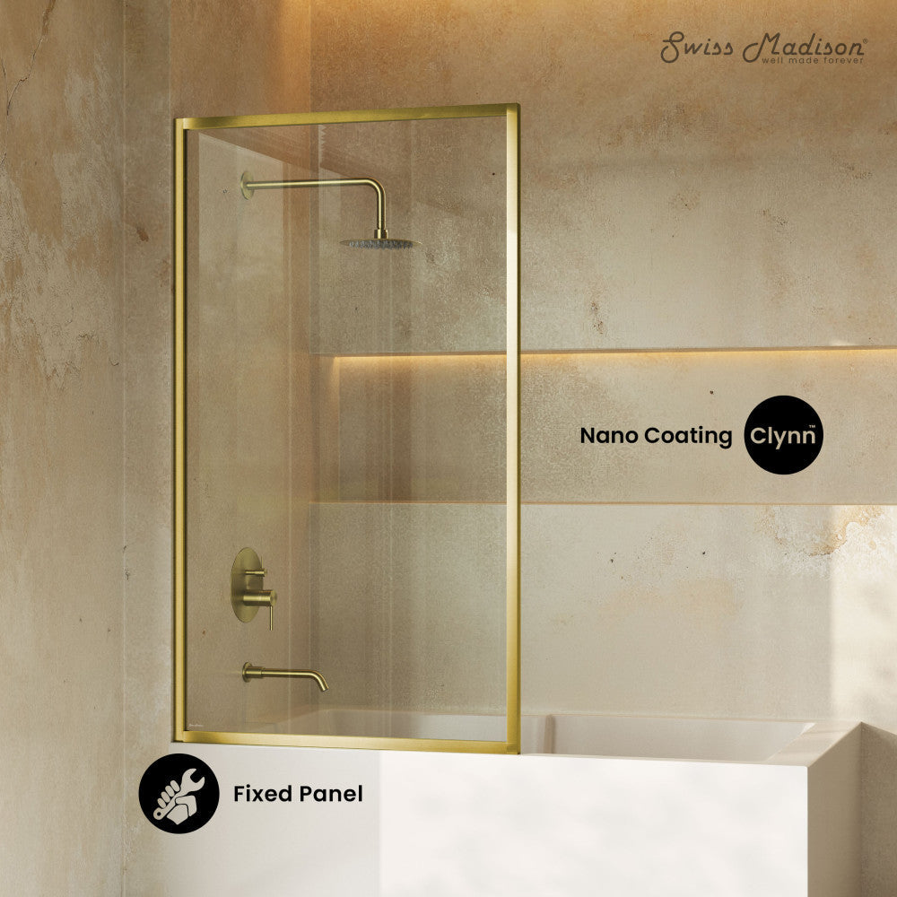 Swiss Madison Pierre 34 x 58 Framed Fixed 3/8 in. (10mm) Clear Tempered Glass Tub Door with Brushed Gold Frame