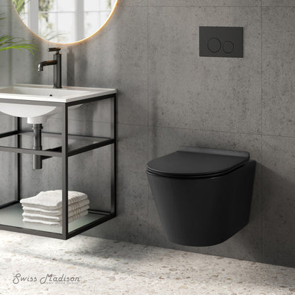 Swiss Madison Calice Wall-Hung Toilet Bundle 0.8/1.6 GPF Dual Flush in Matte Black with Black Flush Plate