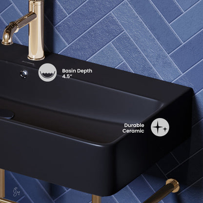 Swiss Madison Carre 36 Ceramic Console Sink Matte Black Basin Gold Legs