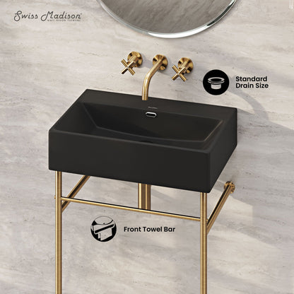 Swiss Madison Claire 24" Rectangle Matte Black Zero Hole Console Sink with Brushed Gold Legs