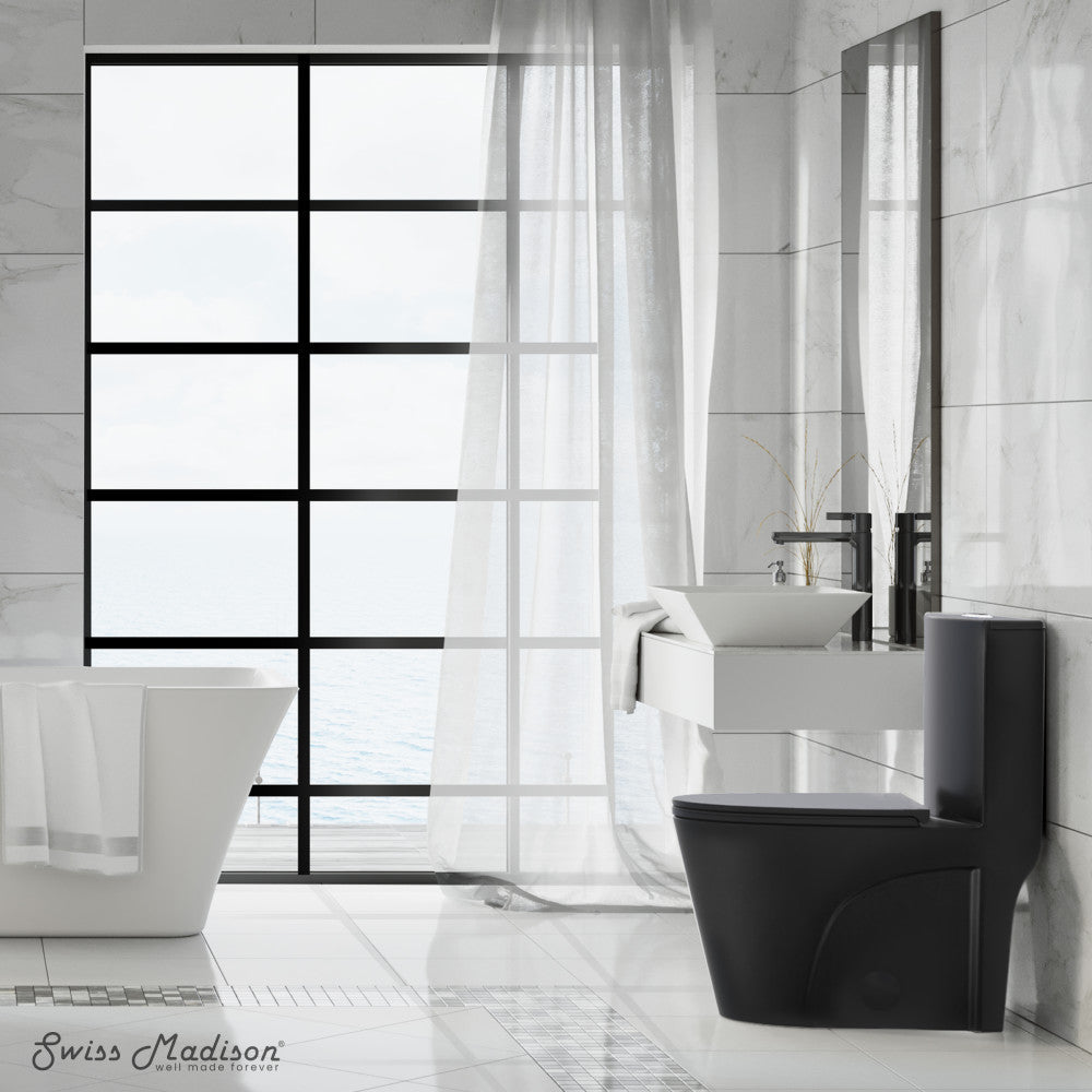 Swiss Madison St. Tropez One Piece Elongated Toilet Dual Vortex Flush 1.1/1.6 gpf with 10" Rough-In, Matte Black