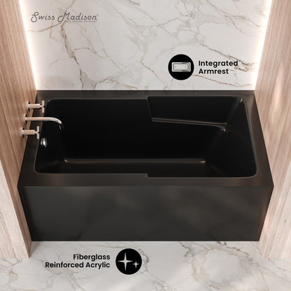 Swiss Madison Voltaire 54 x 30 Skirted Left Drain Soaking Alcove Bathtub in Glossy Black with Integrated Armrest