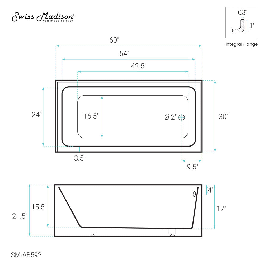 Swiss Madison Voltaire 60" x 30" Right-Hand Drain Alcove Bathtub with Apron