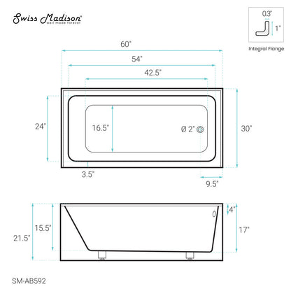 Swiss Madison Voltaire 60" x 30" Right-Hand Drain Alcove Bathtub with Apron