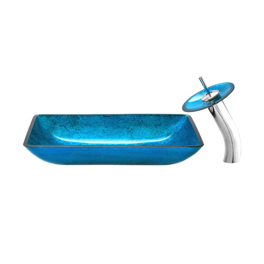 Swiss Madison Cascade Rectangular Glass Vessel Sink with Faucet, Ocean Blue