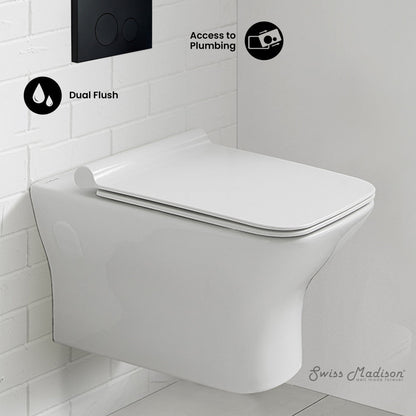 Swiss Madison Carre Wall-Hung Toilet Bundle 0.8/1.6 GPF Dual Flush in Glossy White with Black Flush Plate