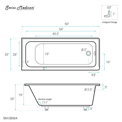 Swiss Madison Voltaire 60" x 32" Right-Hand Drain Alcove Bathtub