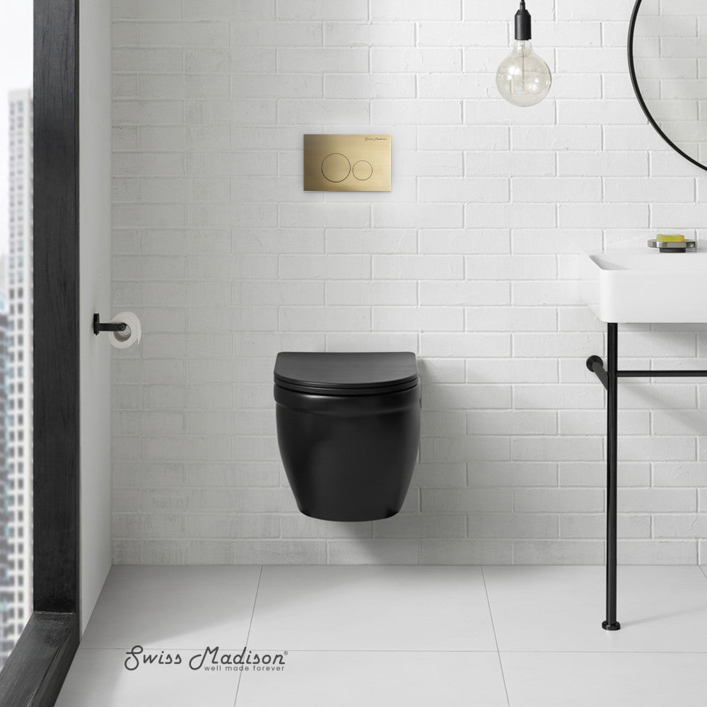 Swiss Madison Ivy Wall-Hung Toilet Bundle 0.8/1.6 GPF Dual Flush in Matte Black with Brass Flush Plate