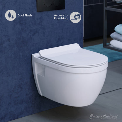 Swiss Madison Ivy Wall-Hung Toilet Bundle 0.8/1.6 GPF Dual Flush in Glossy White with Black Flush Plate