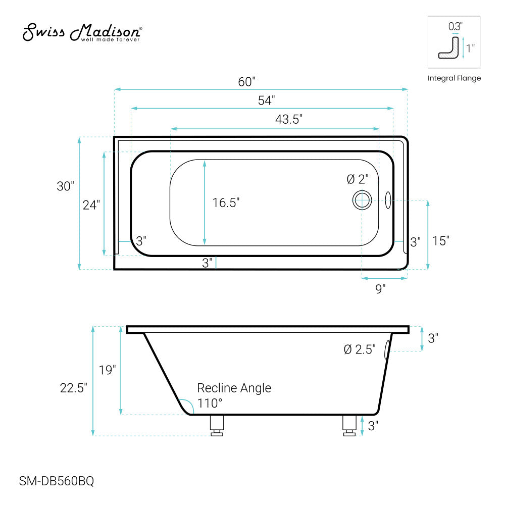 Swiss Madison Voltaire 60" x 30" Right-Hand Drain Alcove Bathtub in Bisque