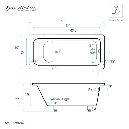 Swiss Madison Voltaire 60" x 30" Right-Hand Drain Alcove Bathtub in Bisque