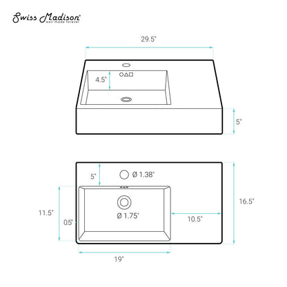 Swiss Madison St. Tropez 30" Rectangle Wall-Mounted Sink with Left Side Faucet Mount