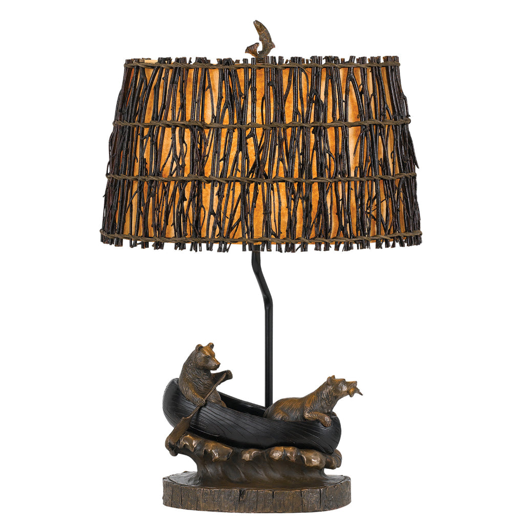 27" Bronze Bears In The Boat Table Lamp With Brown Novelty Shade