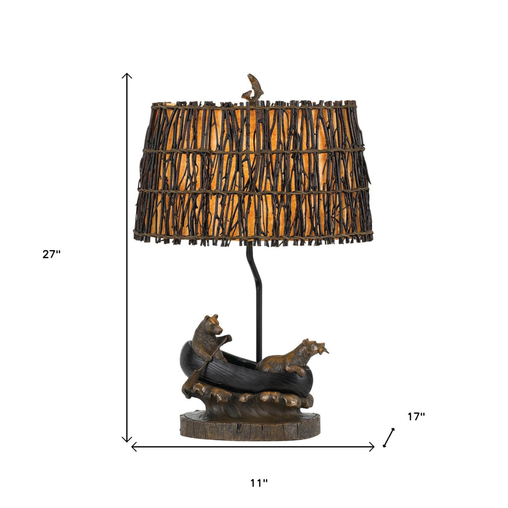 27" Bronze Bears In The Boat Table Lamp With Brown Novelty Shade