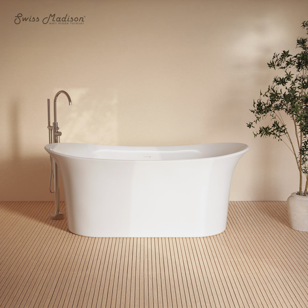 Swiss Madison Cascade 66" Double Slipper Soaking Freestanding Bathtub in Glossy White, Drain Included