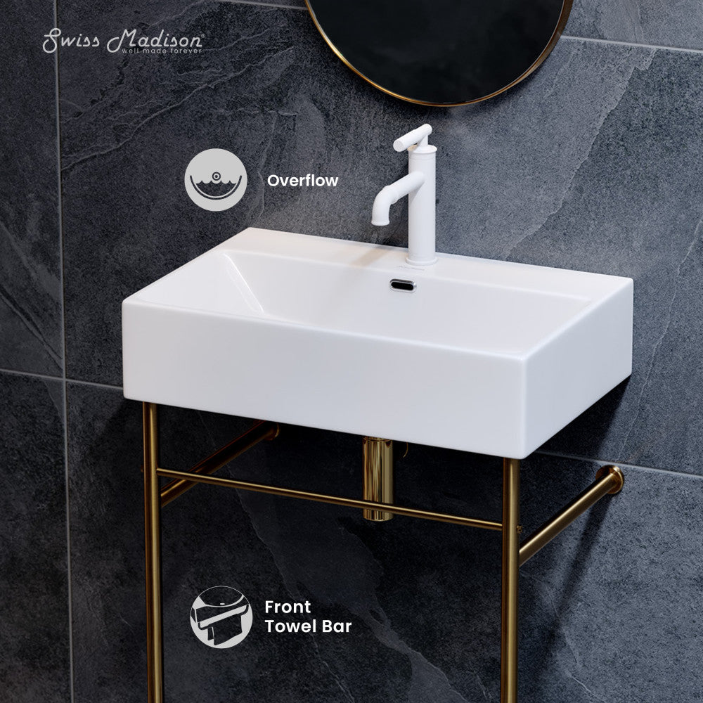 Swiss Madison Claire 24 Ceramic Console Sink White Basin Brushed Gold Legs