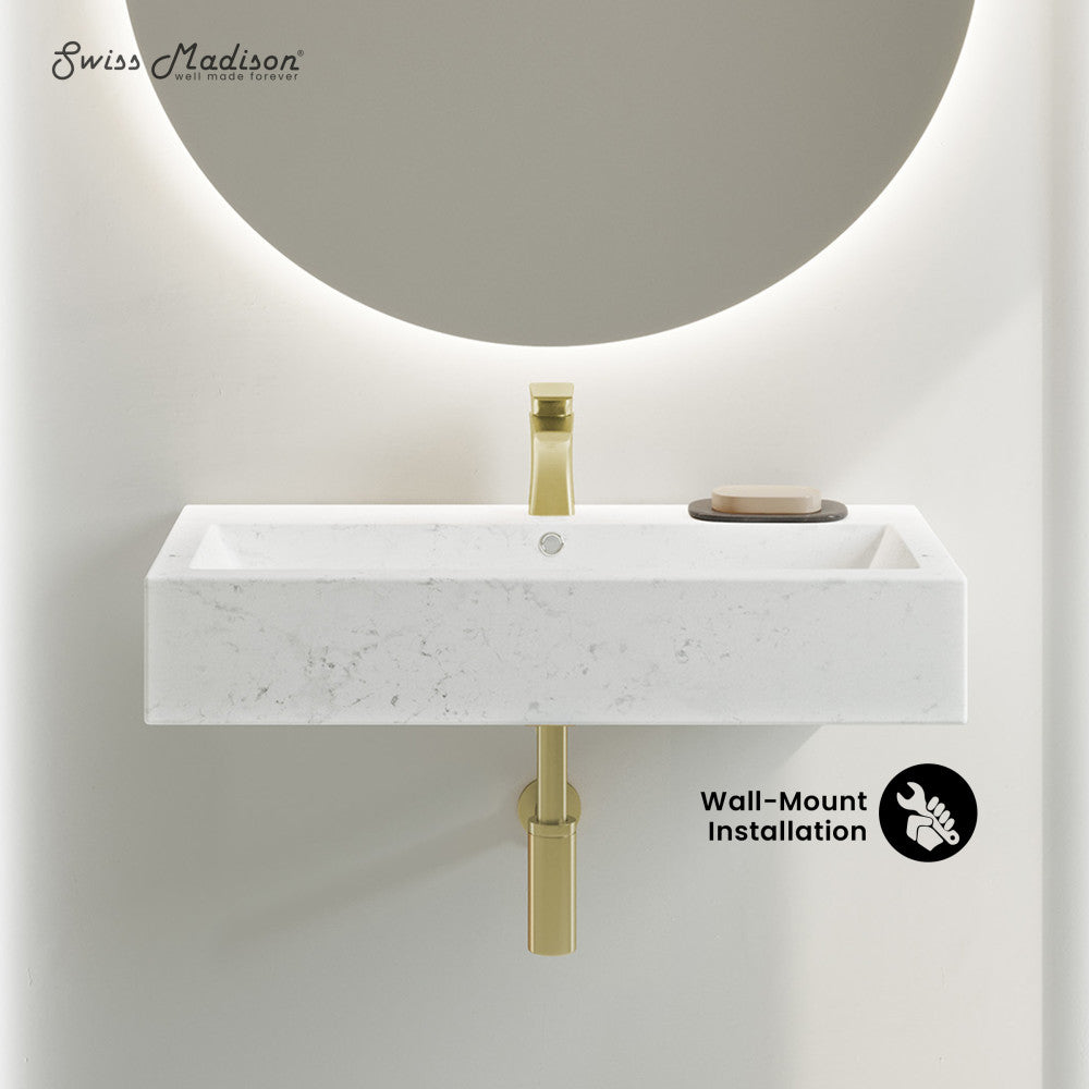 Swiss Madison Voltaire Wide Rectangle Wall Hung Sink in Static Marble